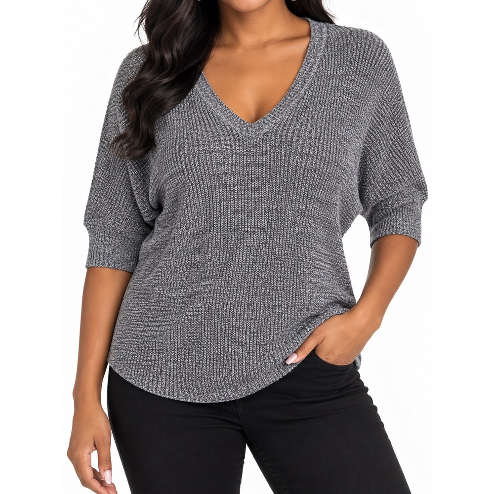 Express Gray Marled V-Neck Dolman Sleeve Ribbed Knit Sweater Small